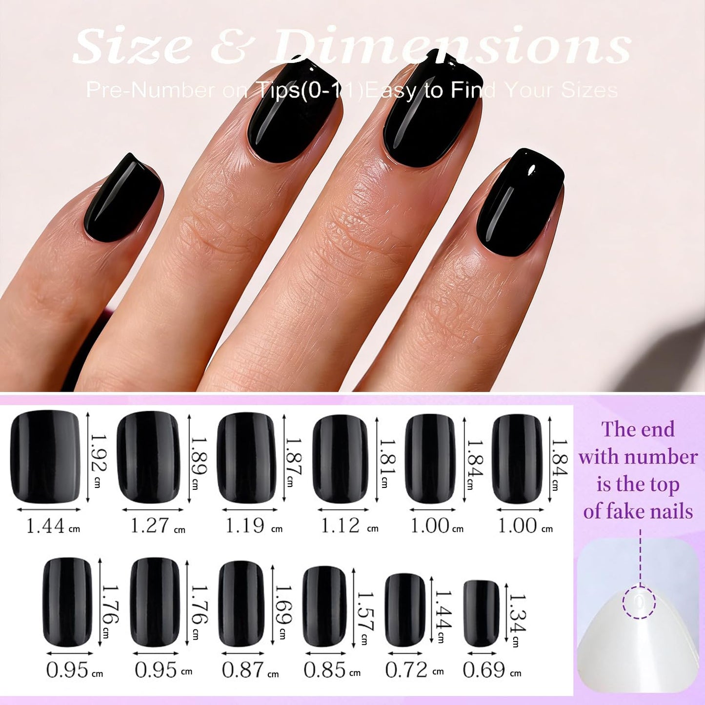 Black Press On Nails Square -Short Press On Nails with Nail Glue, Fit Perfectly & Natural Reusable Stick On Nails in 12 Sizes - 24PCS Soft Gel Glue On Nails Kit