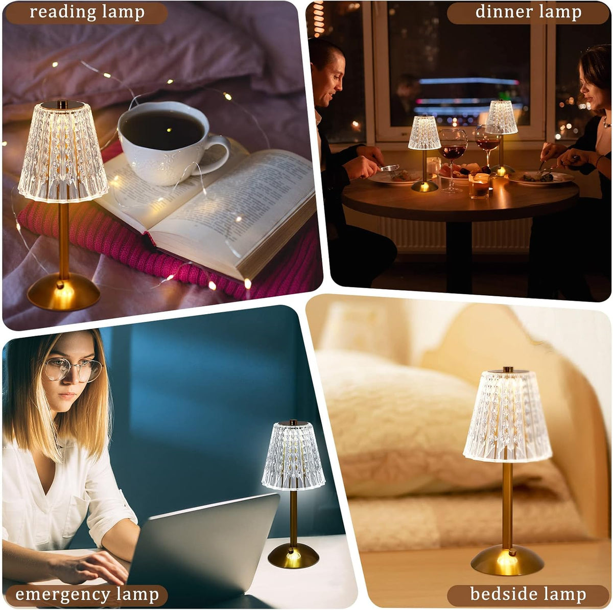 Liliful 4 Pcs LED Portable Cordless Table Lamp Touch Battery Operated Rechargeable Desk Lamp 3 Color Dimmable for Bedroom Living Room Dining (Classic Style,Gold)