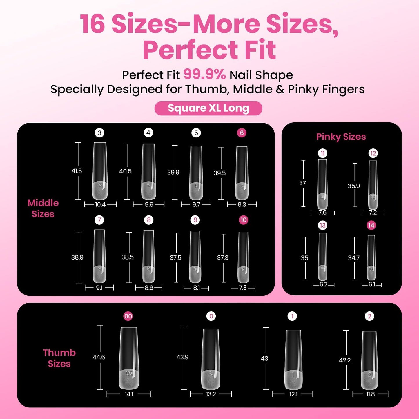 Beetles Tipex Instant Apex Nail Tips, XL Long Square, 16 Sizes | 00–14, 160PCS, Built-in Apex Acrylic Tips for Flat & Natural Nail Beds, Beginner-Friendly Easy DIY Nail Extensions