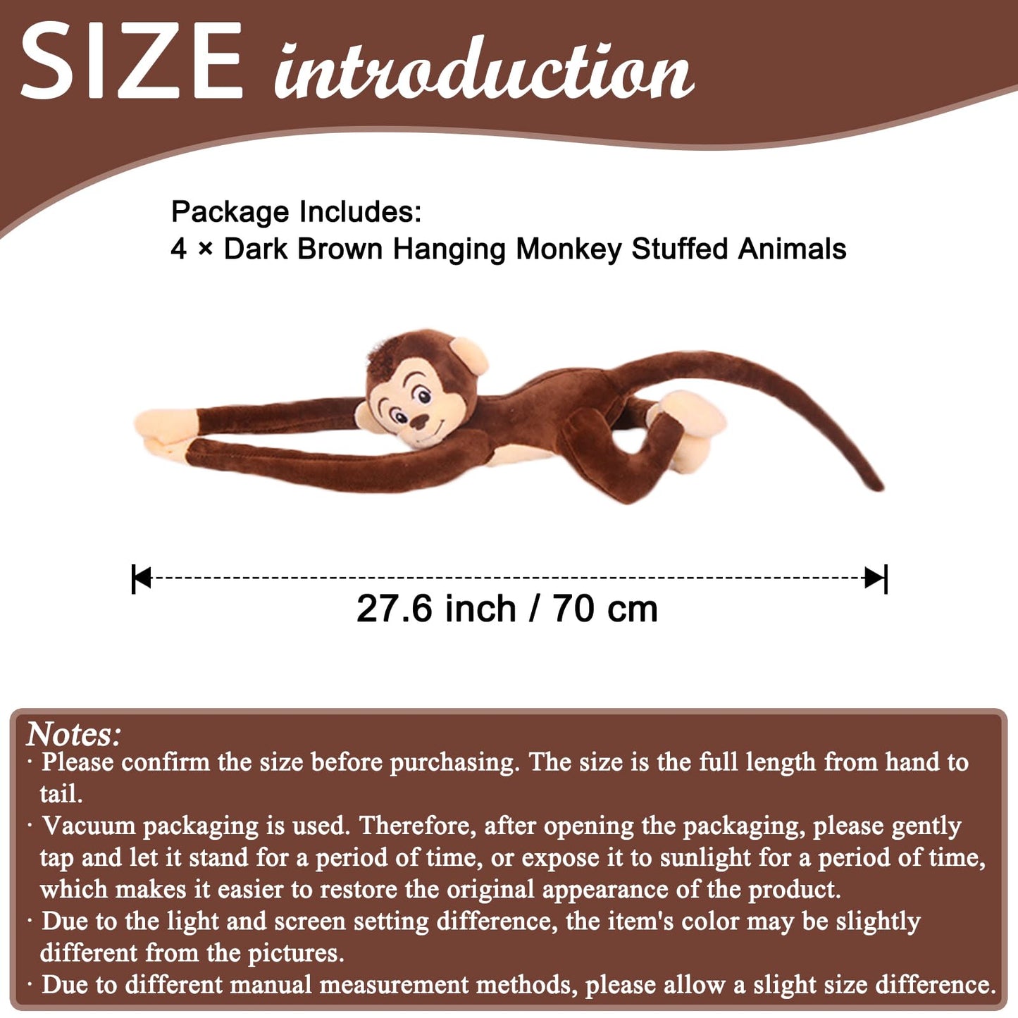 zhidiloveyou 4PCS Hanging Monkey Stuffed Animals Plush Cute Brown Monkey Toy for Kids, 27.6"
