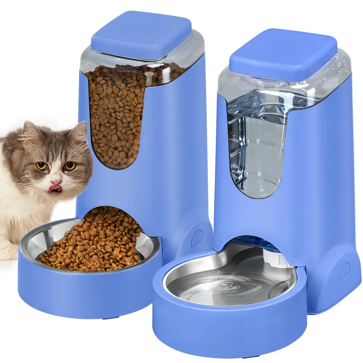 Automatic Cat Feeder and Water Dispenser with Stainless Steel Bowl Dog Gravity Food Feeder and Waterer for Small Medium Pets Puppy Kitten 1 Gallon x 2