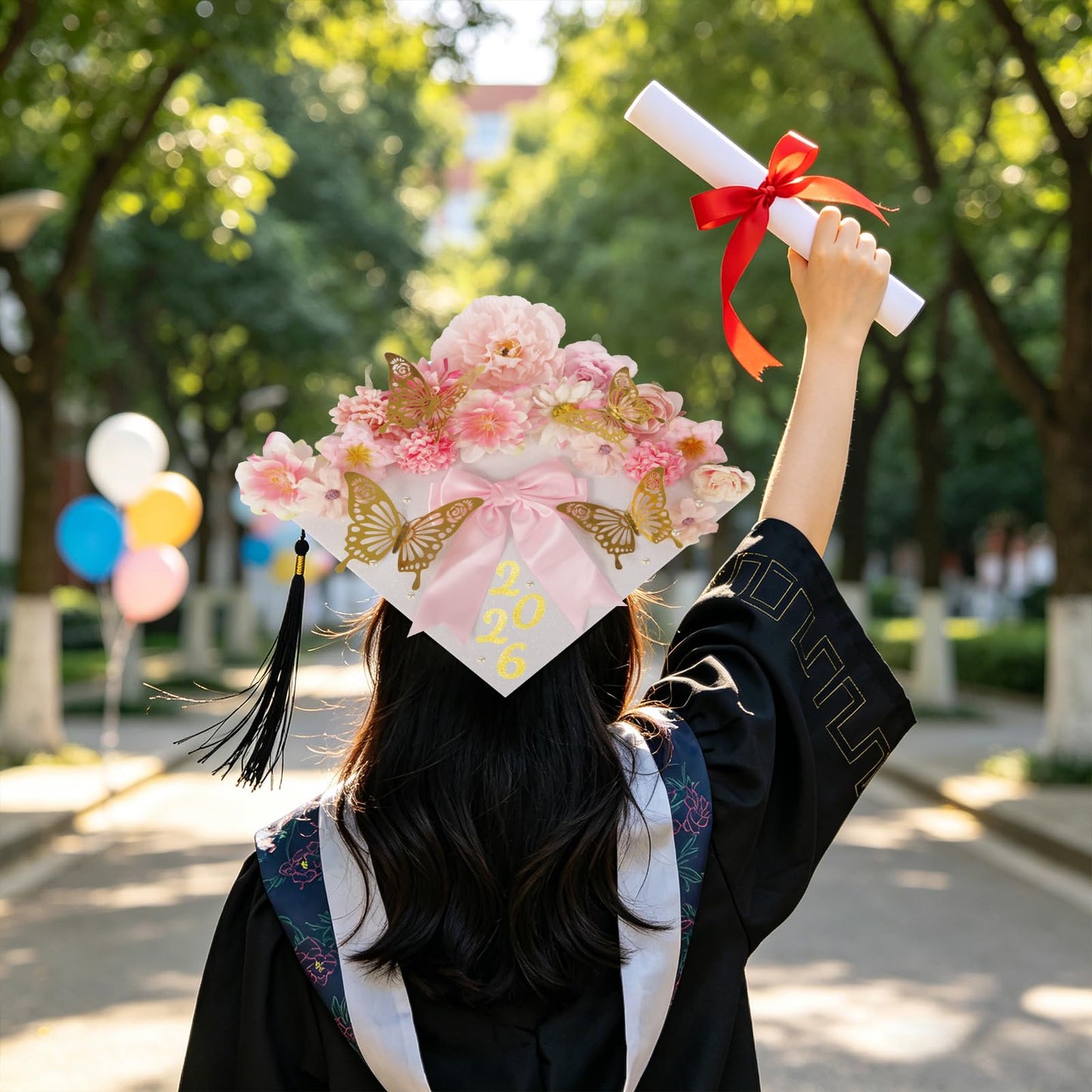 KOILLUXU DIY Graduation Cap Decoration Kit,Faux Flowers, 3D Butterflies, Pearls, Pink Bow, Grad Cap Topper, Letter Sheets & Adhesive Dots for Grad Party