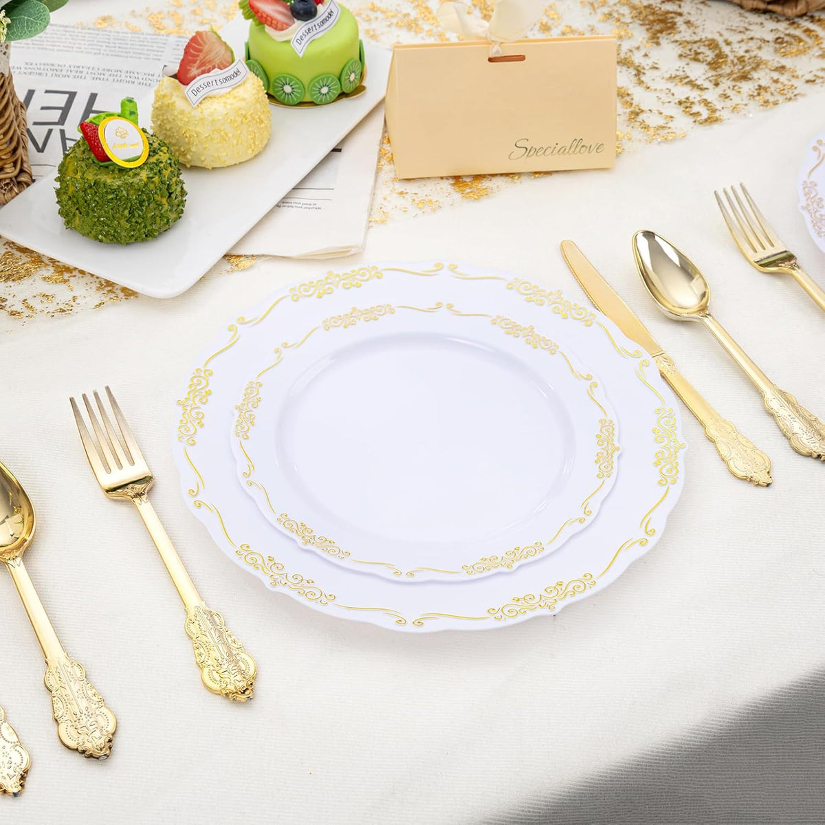 DaYammi 150Pcs White Gold Plastic Plates & Plastic Silverware, Gold Disposable Plates for Party Include 30 Dinner Plate, 30 Dessert Plate, 30 Knives, 30 Forks, 30 Spoons for Thanksgiving Party Holiday