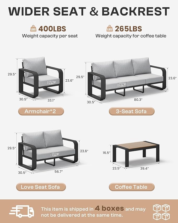 Aluminum Outdoor Patio Furniture Set 5 Piece, Oversized Patio Conversation Sets Widened Armrest & Ultra-Thick Cushions, Deep Seating Modern Sectional Furniture for Backyard, Porch, Gray