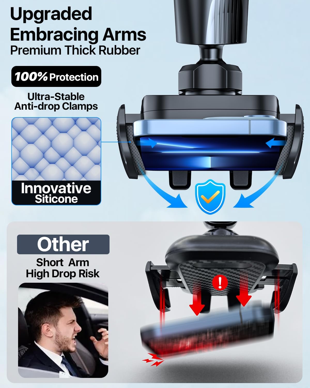 HTU Upgraded Strongest Suction Car Phone Holder Bendable Arm, Never Block View Rotatable Cellphone Mount for Dashboard Windshield Vent, Cradle Stand for iPhone 16 15 14 13 12 Pro Max (Lndigo Blue)