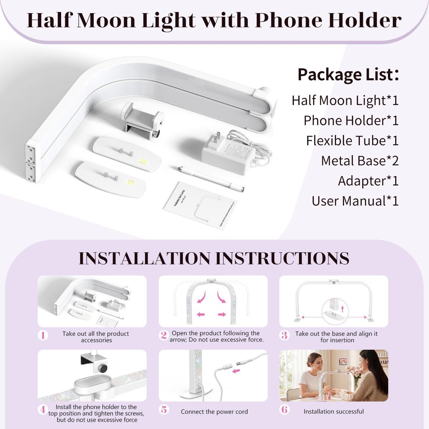LIONVISON Nail Light for Desk: 29" Foldable Half Moon Light for Nail Tech with Phone Holder - 3 Color Modes & 10 Brightness - 40W Arch LED Nail Desk Lamp for Manicure Salon (with Diamond)