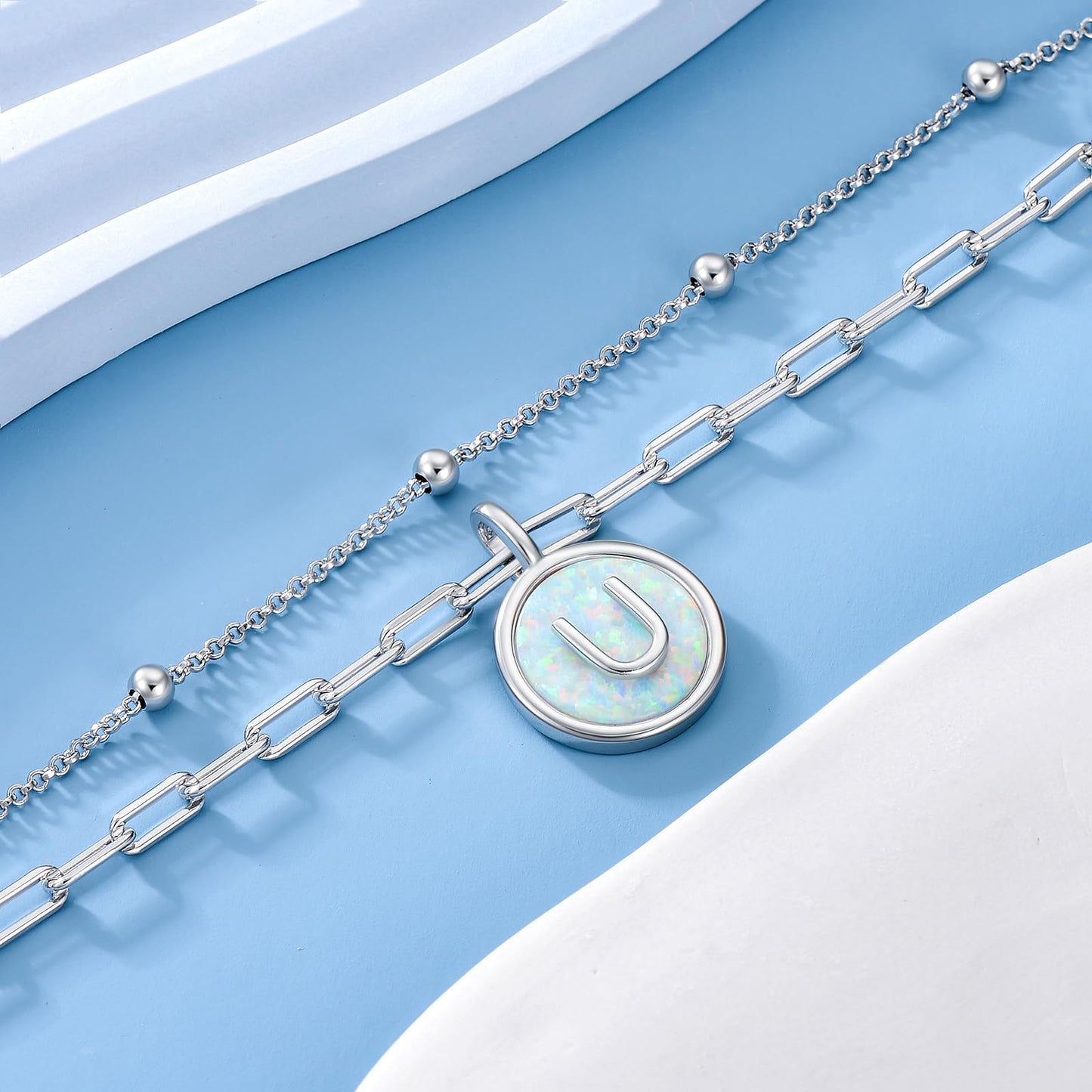 LWQQWL Initial U Bracelet for Women 925 Sterling Silver Layered Initial Bracelet Opal Letter 26 Alphabet Jewelry Christmas Gifts