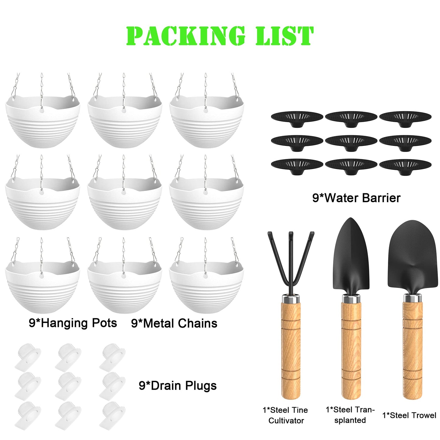 REPICLIFE Hanging Planters, Set of 9 White Hanging Pots, 8" Hanging Flower Pots, Plant Pots with Drainage Plugs, Water Barrier and Chains, Come with Free Mini Garden Tools Set