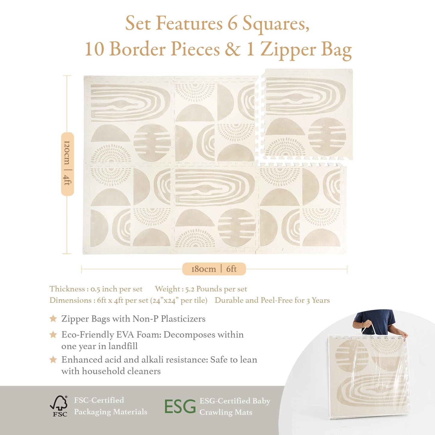 PopsyKosy Premium Exercise & Baby Foam Play Mats - Stylish & Large Non-Toxic Odorless Floor Mat - 6 Tiles - Spacious 6ft x 4ft - Peel-Resistant Reinforced Ver.- Soft Thick, Waterproof - Desert Sand