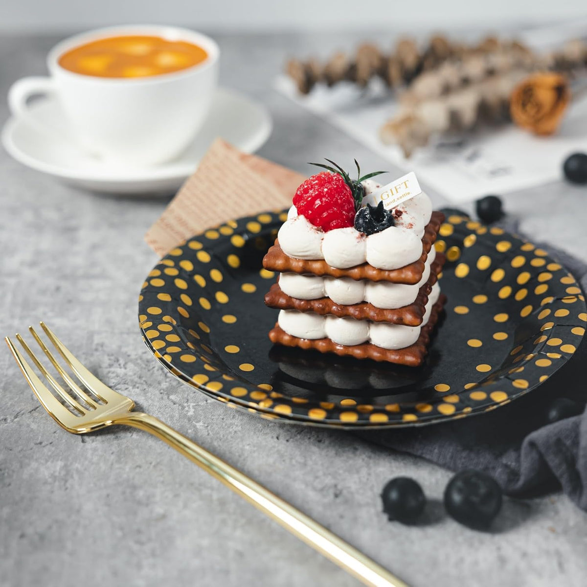 Lullaby 120PCS Black Paper Plates, Black and Gold Paper Plate, 60pcs Dinner Plates 9",60pcs Dessert Plates 7", Disposable Graduation Plates with Golden Dot for Birthday party, Halloween