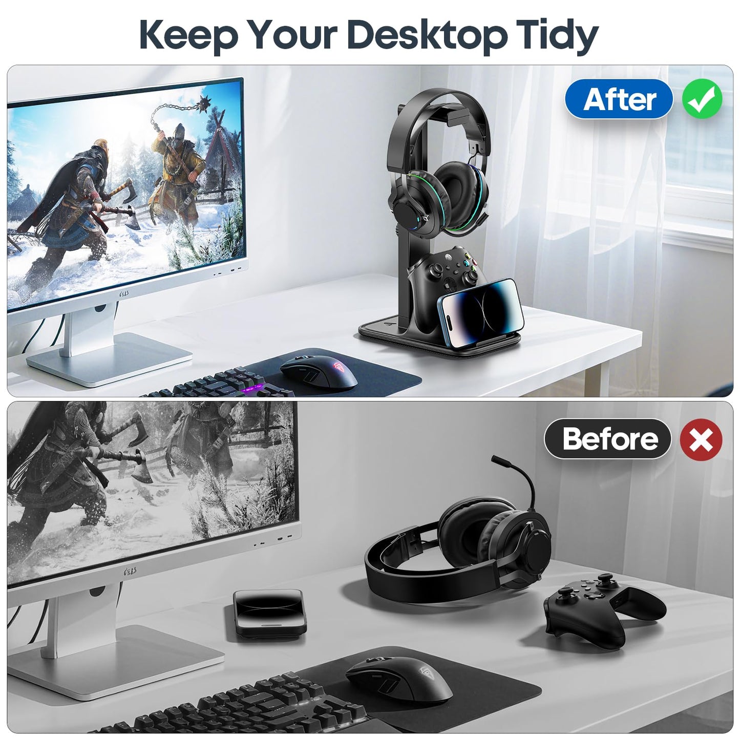 Gaming Headset & Controller Stand, Rotating Headphone Storage with Controller & Phone Holder, Game Desk Storage with Cable Organizer for PS5/PS4/XBOX PC Gamer Essentials Organizer Gift Accessories
