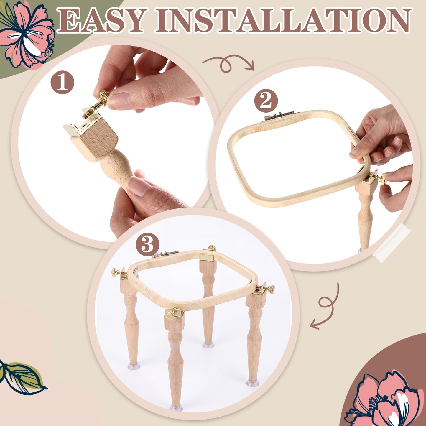 Novabright 3 Pcs Embroidery Hoop Stand Set 5.1" / 6.3" / 7.9" Square Hoops 4 Professional Stands Embroidery Kit for Arts Crafts Sewing Needlework Cross Stitch Supplies