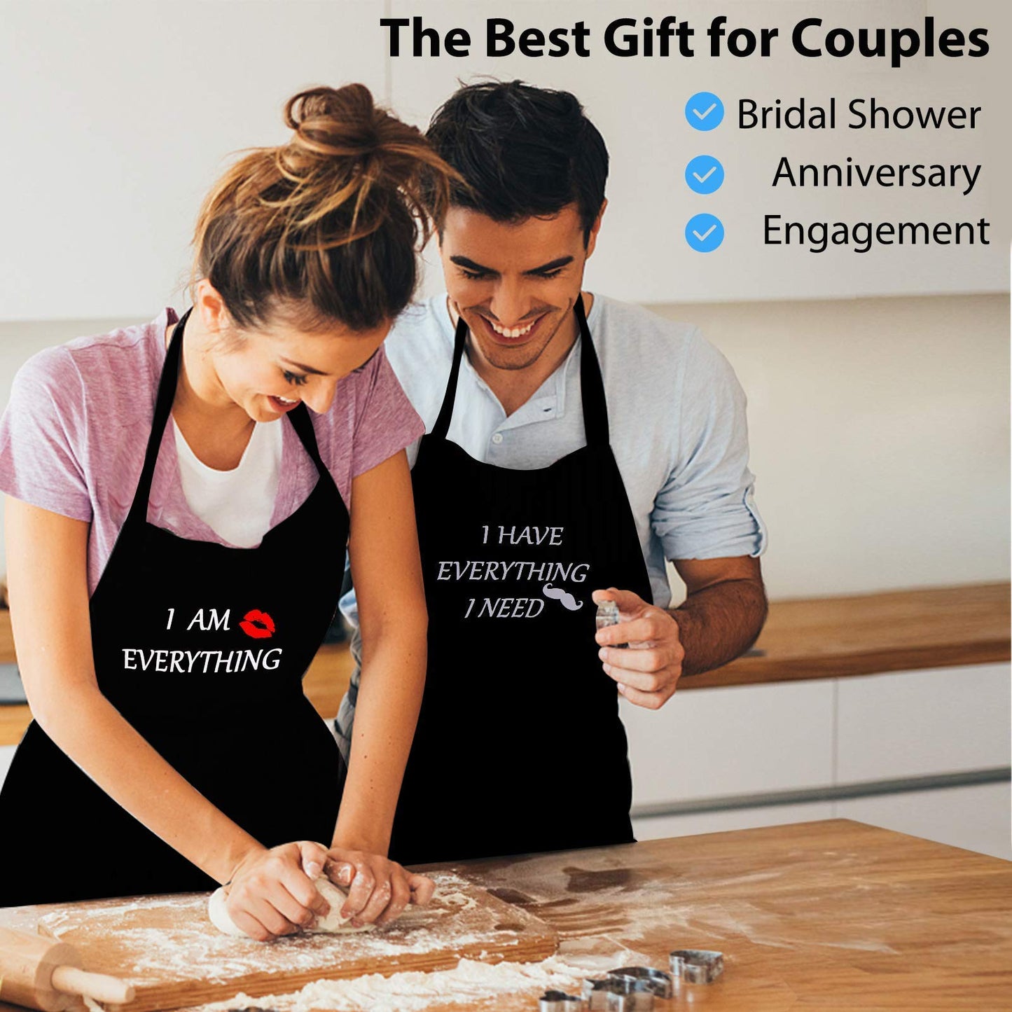 YIKA® Apron Couples, Valentines Day Gifts for Couples: Waterproof Aprons for Women Men, with Adjustable Neck Strap with Extra Long Ties, 2 Pockets (Black)
