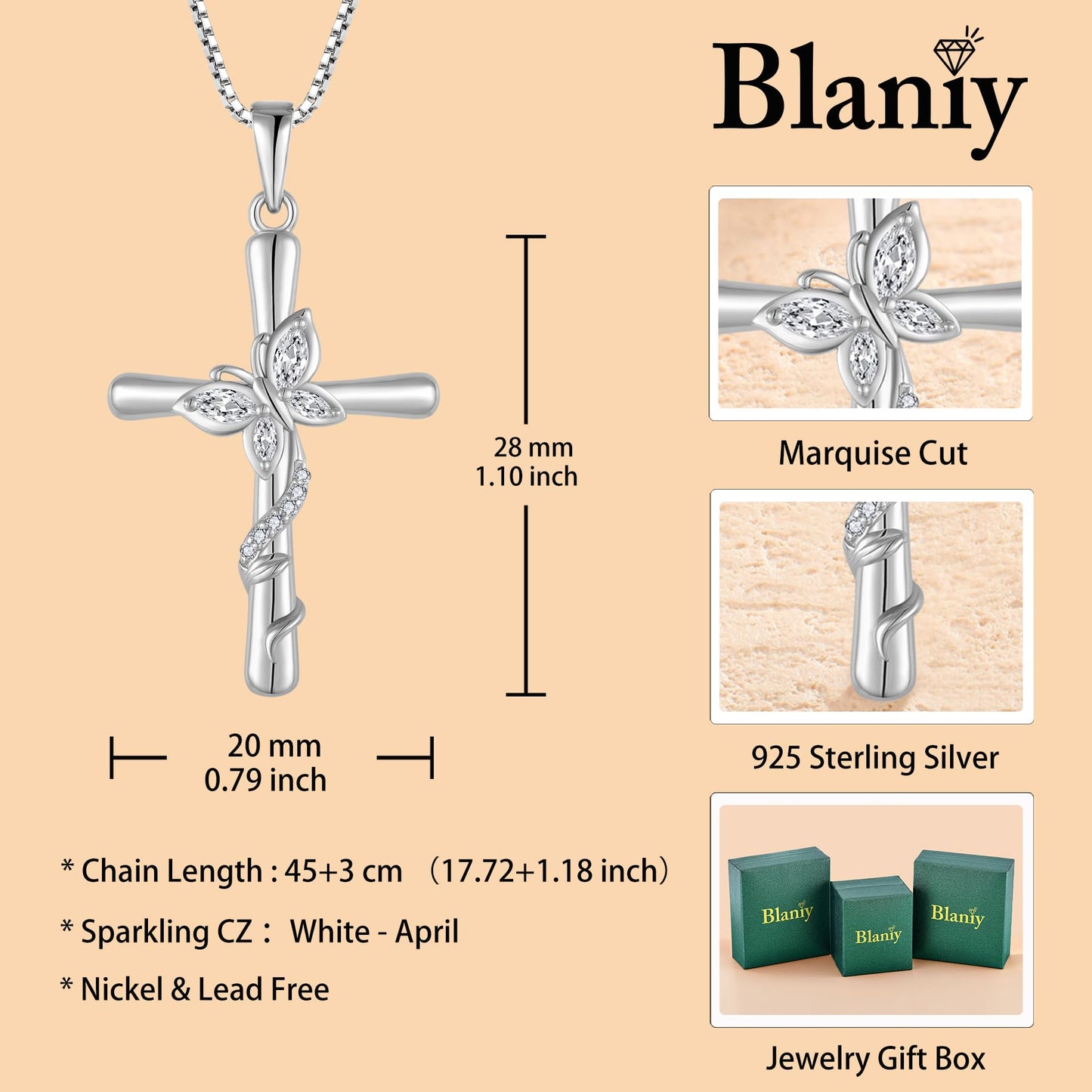 Blaniy Cross Necklace for Women 925 Sterling Silver Butterfly Necklace April Birthstone Pendant Necklaces with Cubic Zirconia Jewelry Gifts for Women