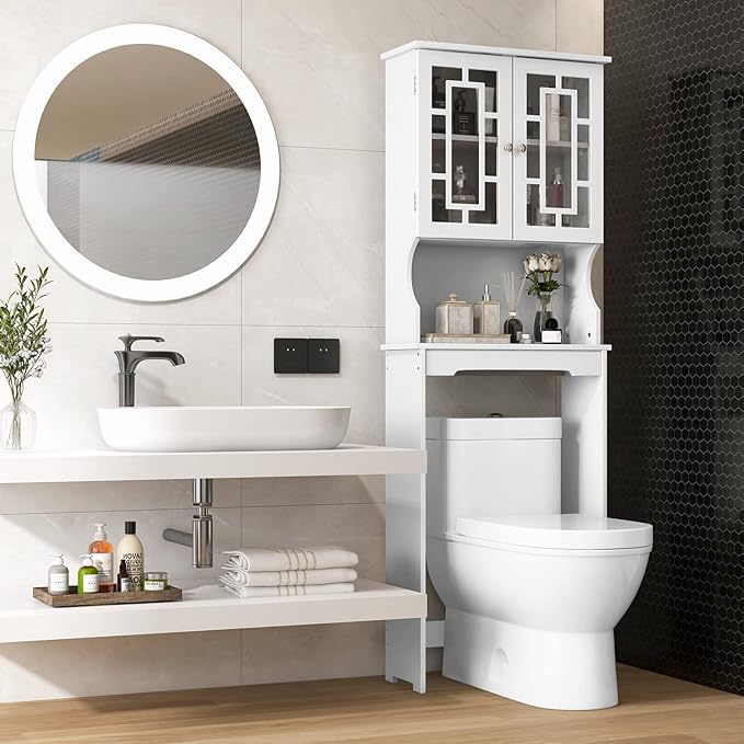 Giantex Over-The-Toilet Storage Space Saver, Bathroom Organizer with Cabinet and Shelf, Above Toilet Standing Rack (White)