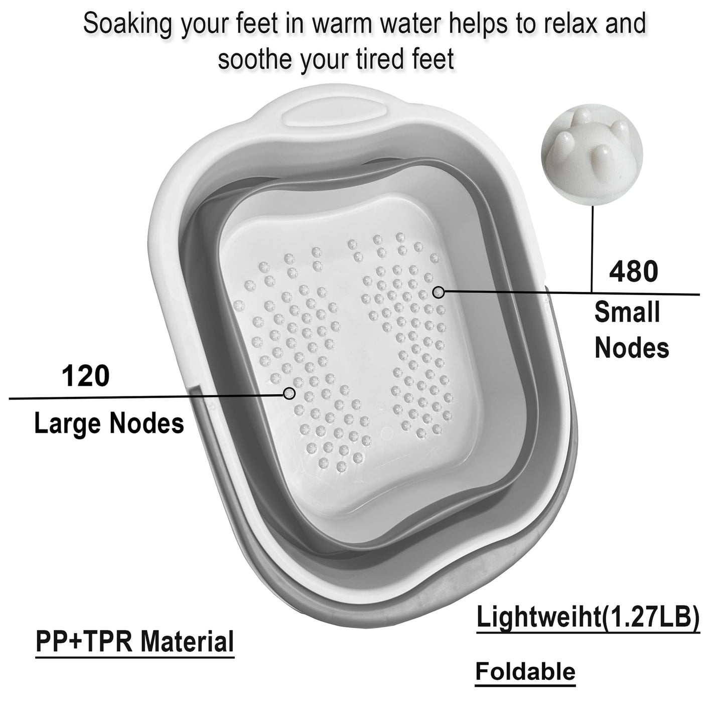 Leemeimei Collapsible Foot Soak Tub 15L(4 GL) with Handle, Bath Massager for Dry Cracked Feet, Plastic Grey Foot Bucket