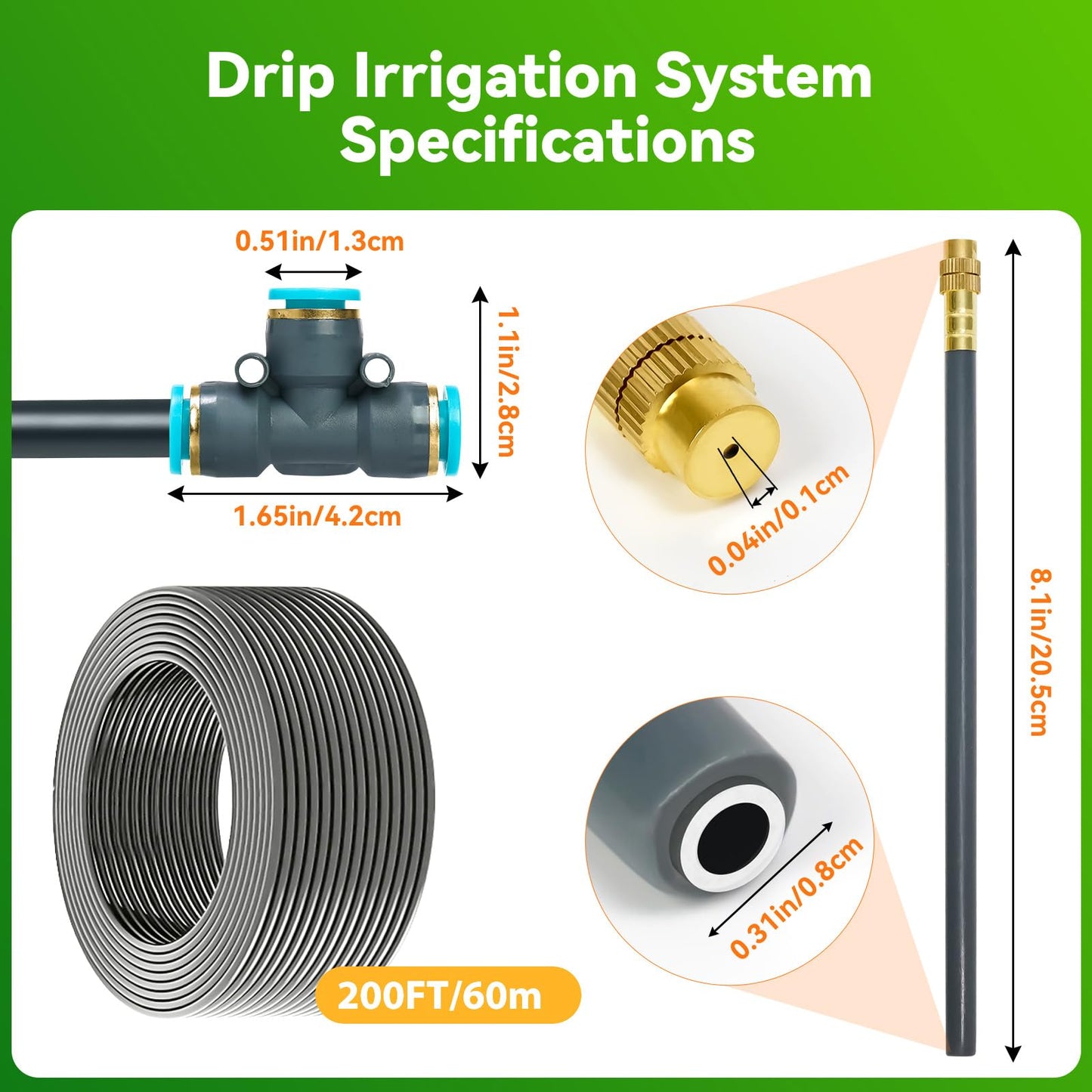 360°Adjustable Drip Irrigation System 200FT,5/16" Extra Long Garden Watering Kit with 32 Copper Nozzles,141Pcs Drip Irrigation Kit,Automatic Atomizing Plant Sprinkler for Large Yard, Greenhouse, Lawn
