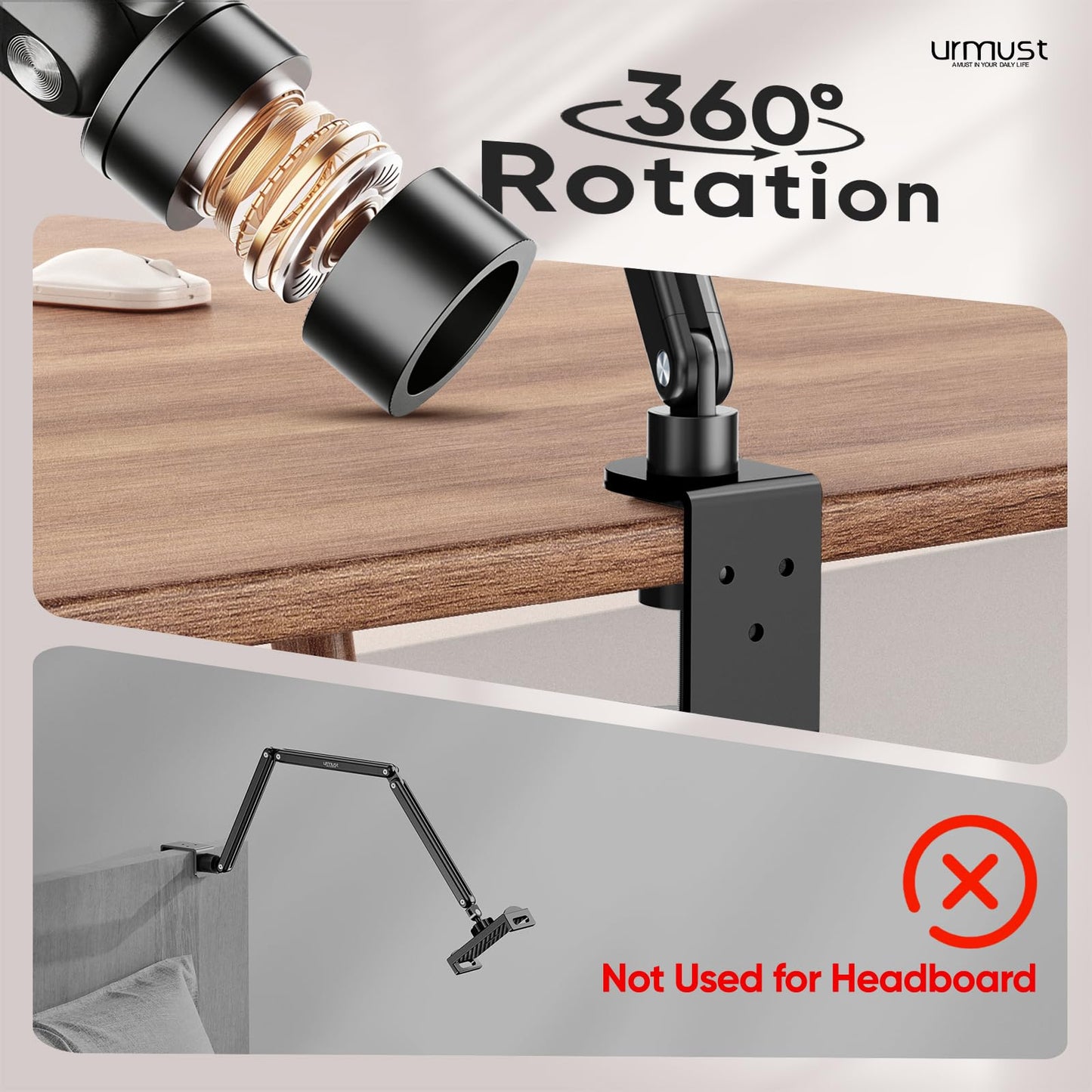 Urmust Tablet Stand for Desk, Adjustable iPad Holder for Bed, 360° Rotation, Sturdy Aluminum Tablet Arm Mount for 4.7"-15.6" iPad Pro/Air/Mini, iPhone, Galaxy Tab, for Kitchen, Work, Video Call