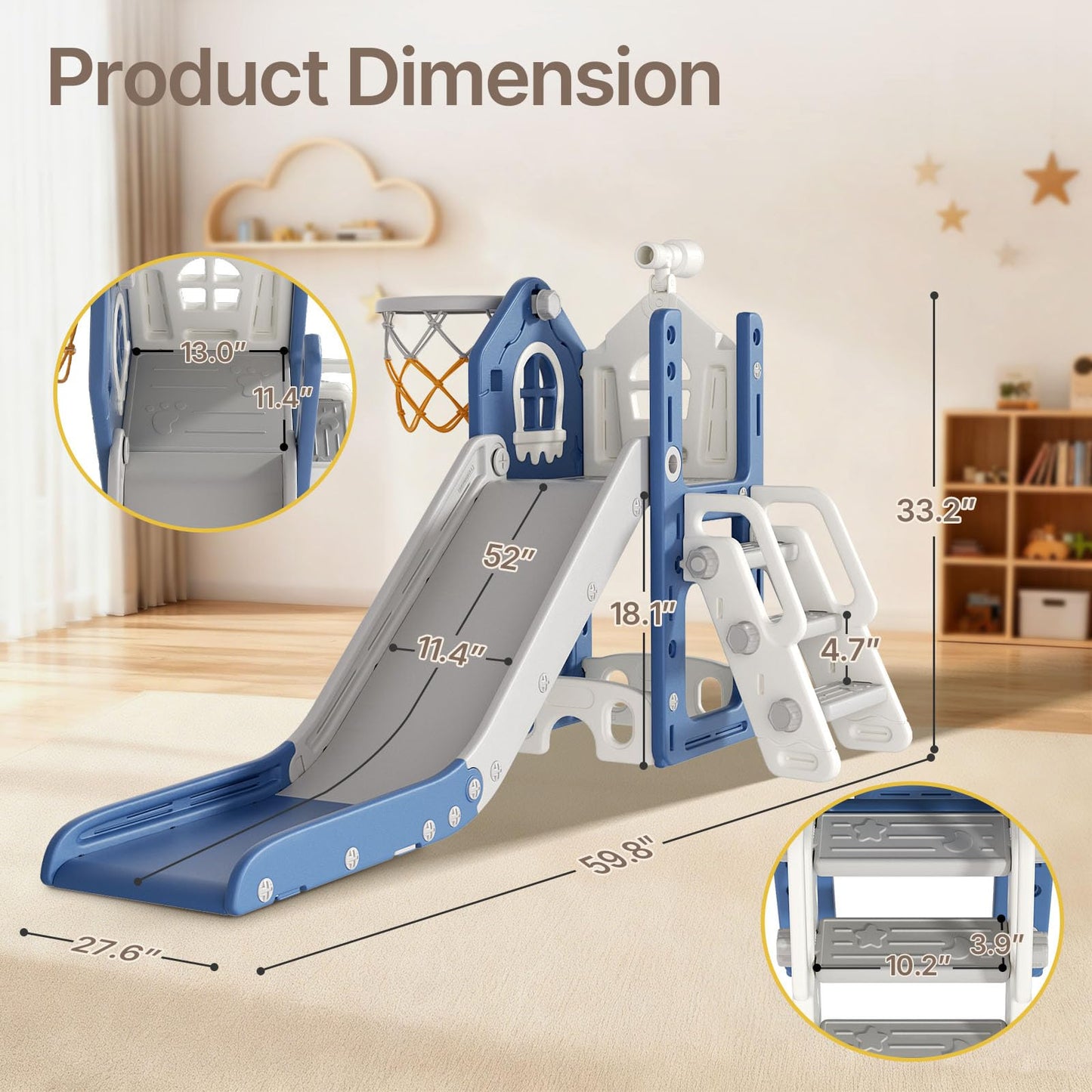 BIERUM 6 in 1 Toddler Slide - L-Shaped Baby Slide for Toddlers Aged 1-3 with Basketball Hoop, Telescope Toy and Anti-Slip Pads, Indoor Outdoor Toddler Playset, Blue Gray
