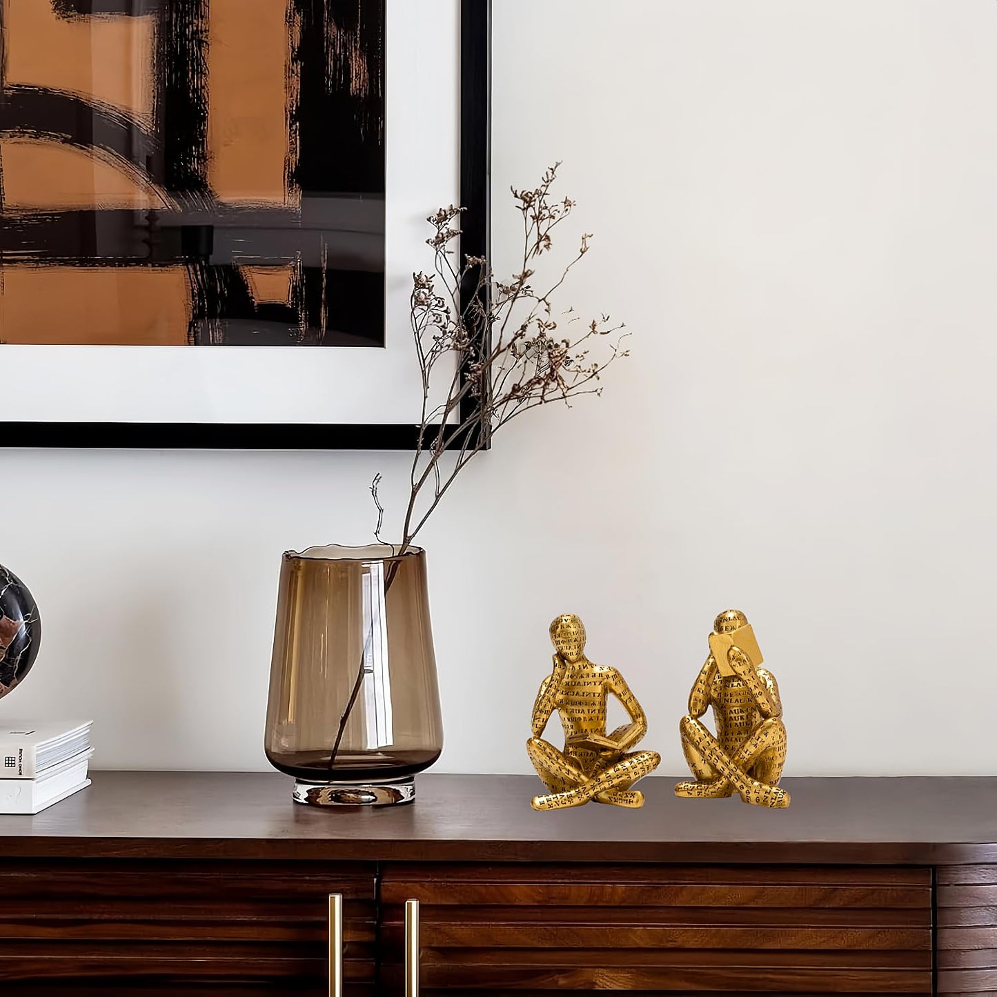 Antique Gold Reading Thinker Statue, Set of 2 Bookshelf Decor Abstract Art Thinker Sculptures, Modern Aesthetic Figurine Home Decoration Ornaments for Living Room Office Shelf Coffee Table Desk Decor