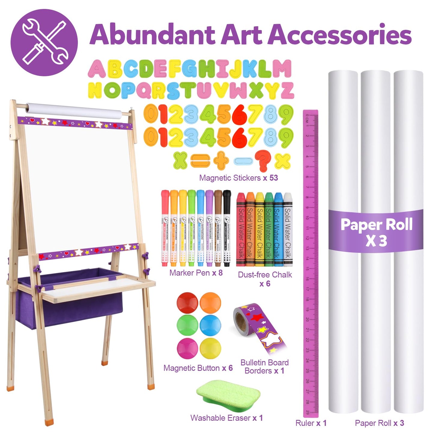 Vinlon Art Easel for Kids Ages 4-8, Premium Whiteboard & Chalkboard with 3 Paper Roll, Adjustable Double-Sided Easel Stand, Easter Gift Easter Basket Stuffers for Kids Ages 4 5 6 7 8