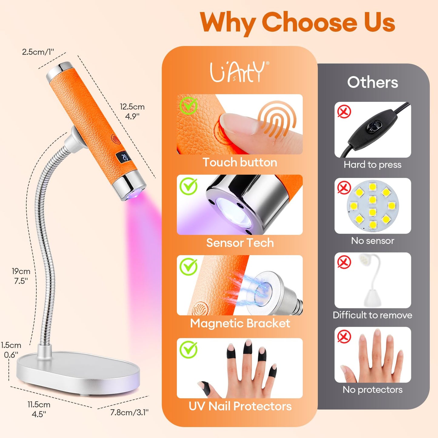 LIARTY UV Nail Lamp Cordless: Mini Rechargeable Auto Sensor LCD Display 2 Timers - Gooseneck Flash Curing Light Pen for Gel Nails Polish with Base (Orange)