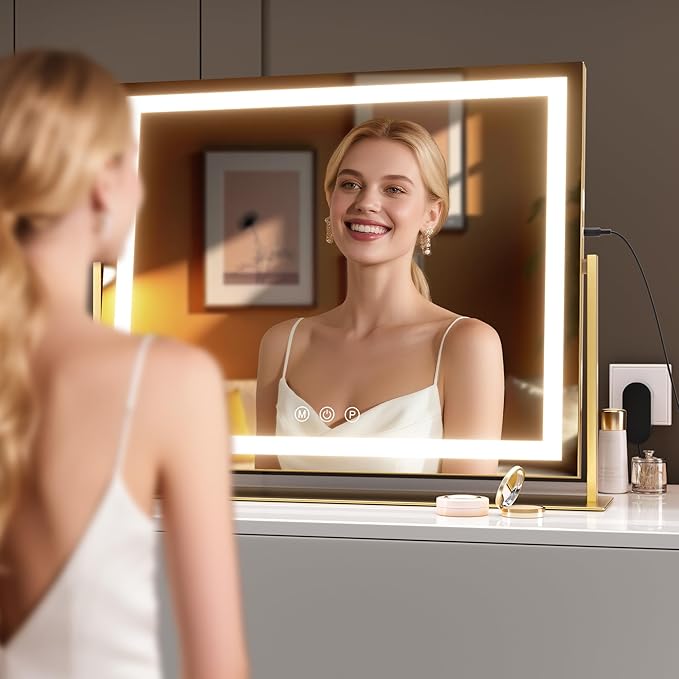 Hasipu Vanity Mirror with Lights, 23.6" x 18.1" LED Makeup Mirror, Light up Mirror with 10X Magnification, USB Charging Port, Smart Touch 3 Colors Dimmable, 360ยฐ Rotation (Gold)