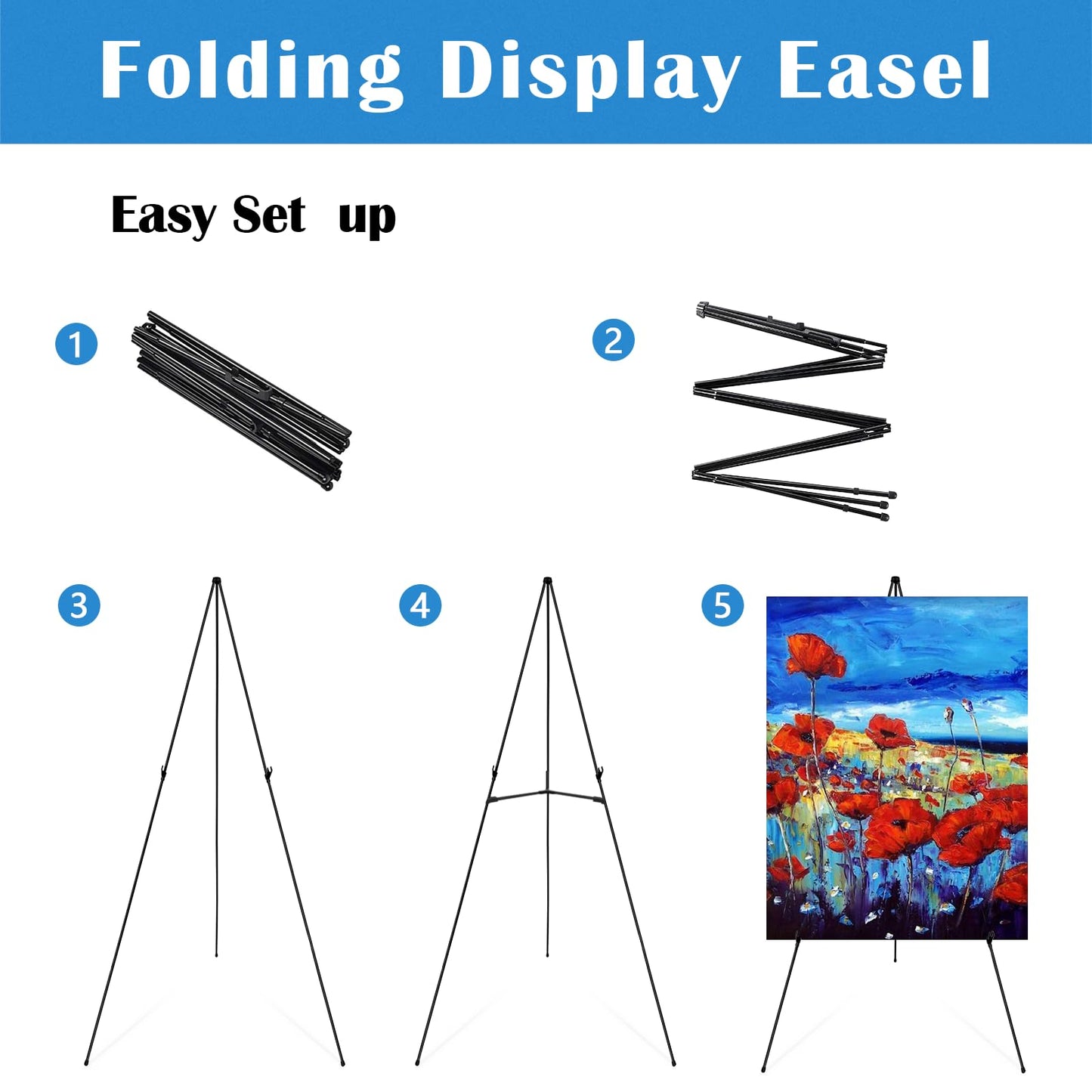 Falling in Art Display Easel Stand, 6 Pack 63" Instant Adjustable Poster Easel, Easy Folding Portable Tripod Stand for Signs, Posters, Wedding, Holds 5 lbs