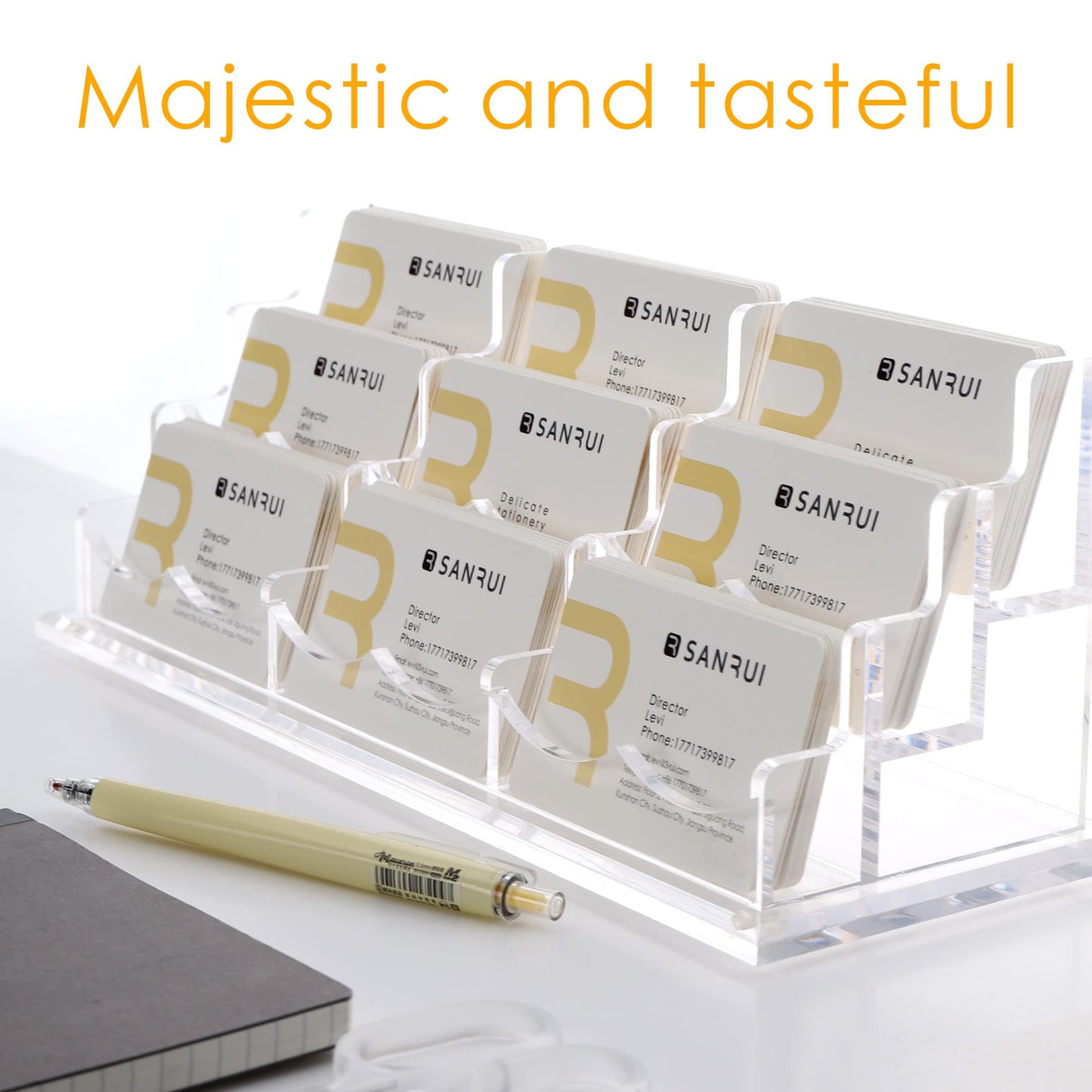 SANRUI Clear Horizontal Business Card Holder Stand for Desk, Acrylic Desktop Display Name Cards Holders Organizer Storage Rack,for Exhibition, Home, Office,3 Tier 9 Pocket, 540 Card Capacity