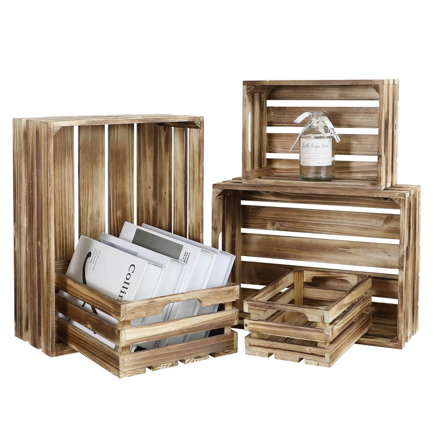 MACVAD 5-Piece Rustic Burnt Brown Wooden Crates Set, Wall Mountable Slatted Storage Crates with Handles, Farmhouse Wooden Crates for Display & Organizer for Home Decor