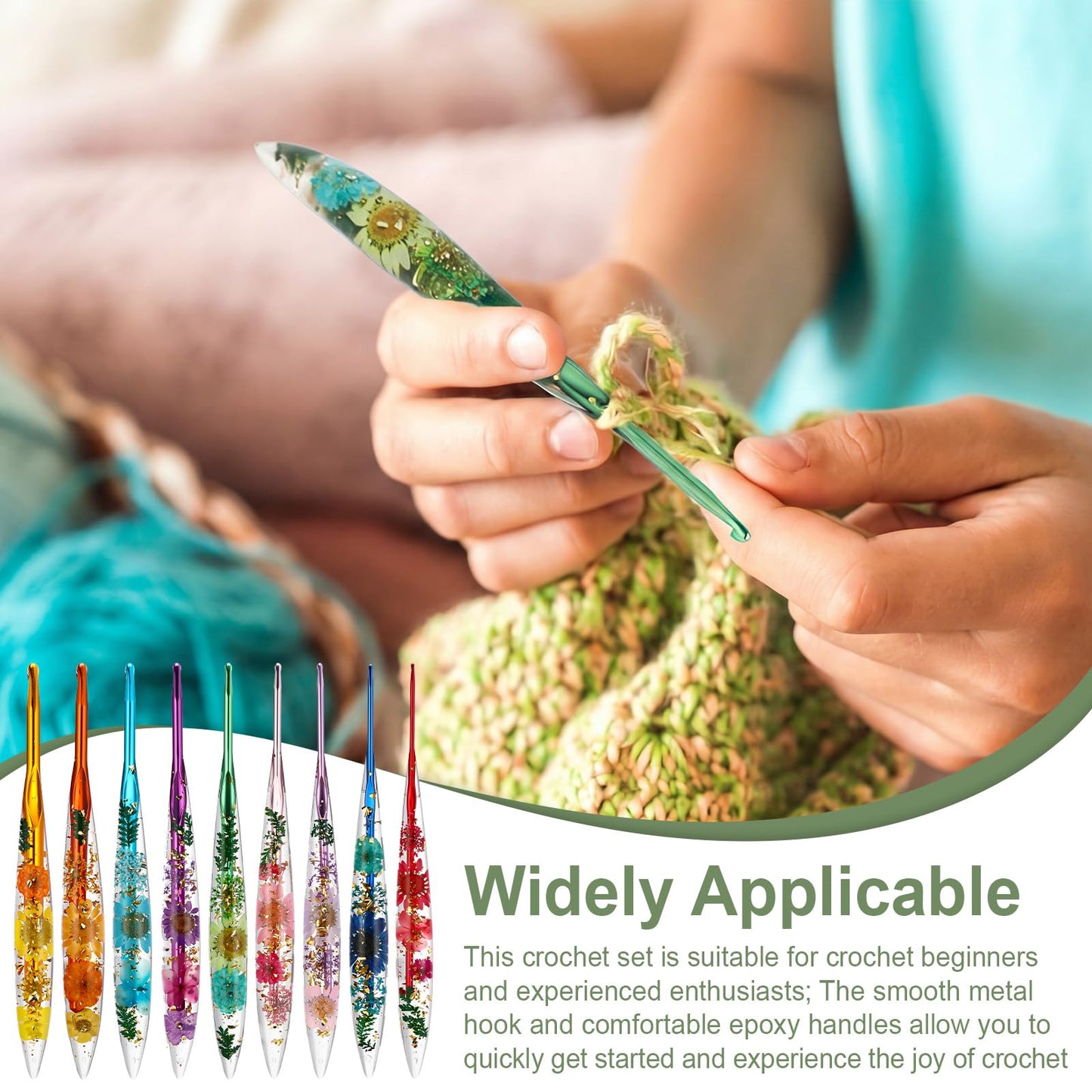 Riceshoot 9 Pcs Crochet Hook Set, 2.0mm-6.0mm Ergonomic Crochet Hooks with Long Floral Handle for Beginners Crocheting Lovers, Includes Storage Bag and Other Accessories