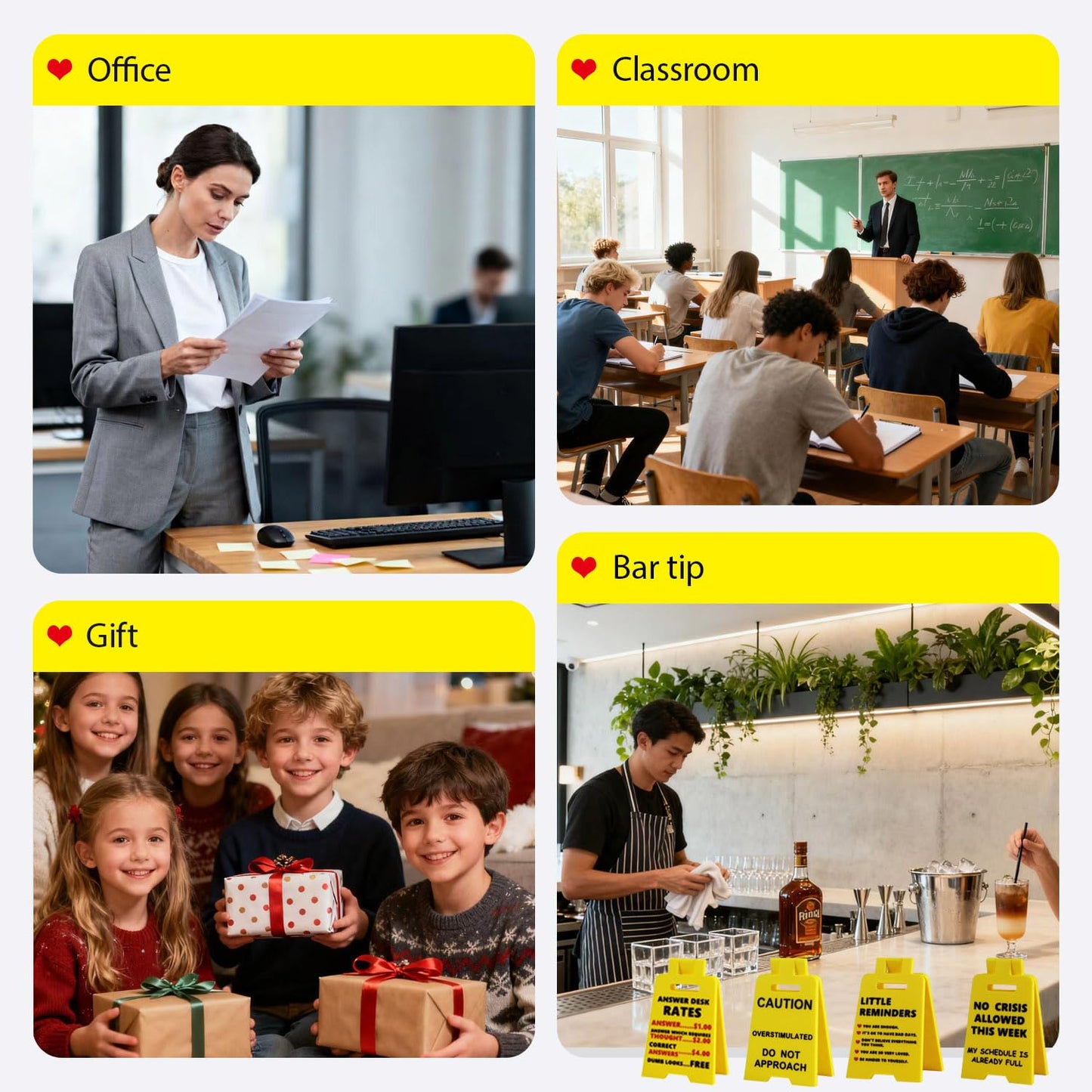 4 Pcs Caution Overstimulated Desk Signs, 3D Printed Funny Office Décor Sign Desk Warning Sign Office Gifts for Bosses Employees Colleagues