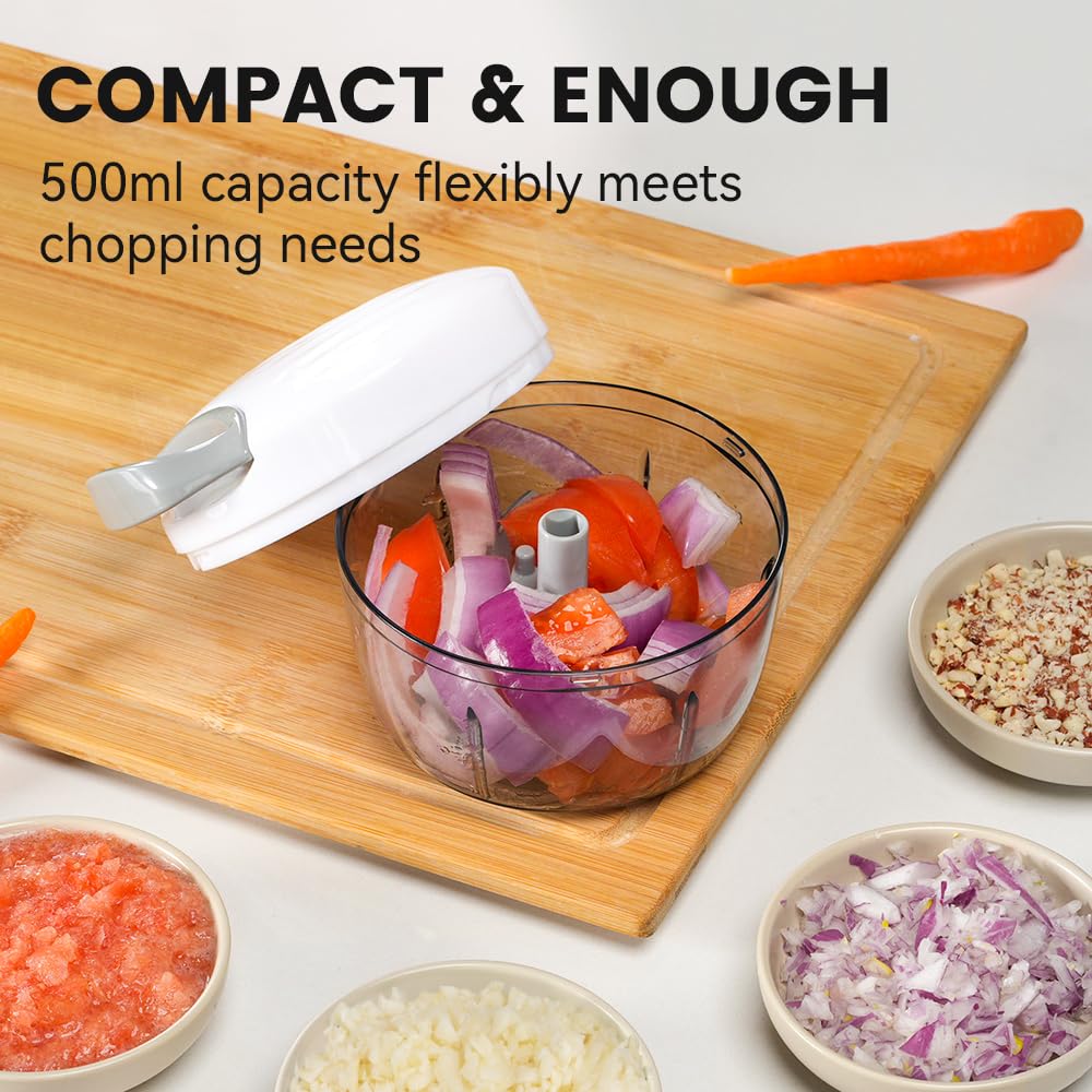 Manual Food Processor & Vegetable Chopper White - 2.3 Cup Mini Hand-Pull Cord Kitchen Chopper for Onion, Garlic, Vegetables with 3 Stainless Steel Blades