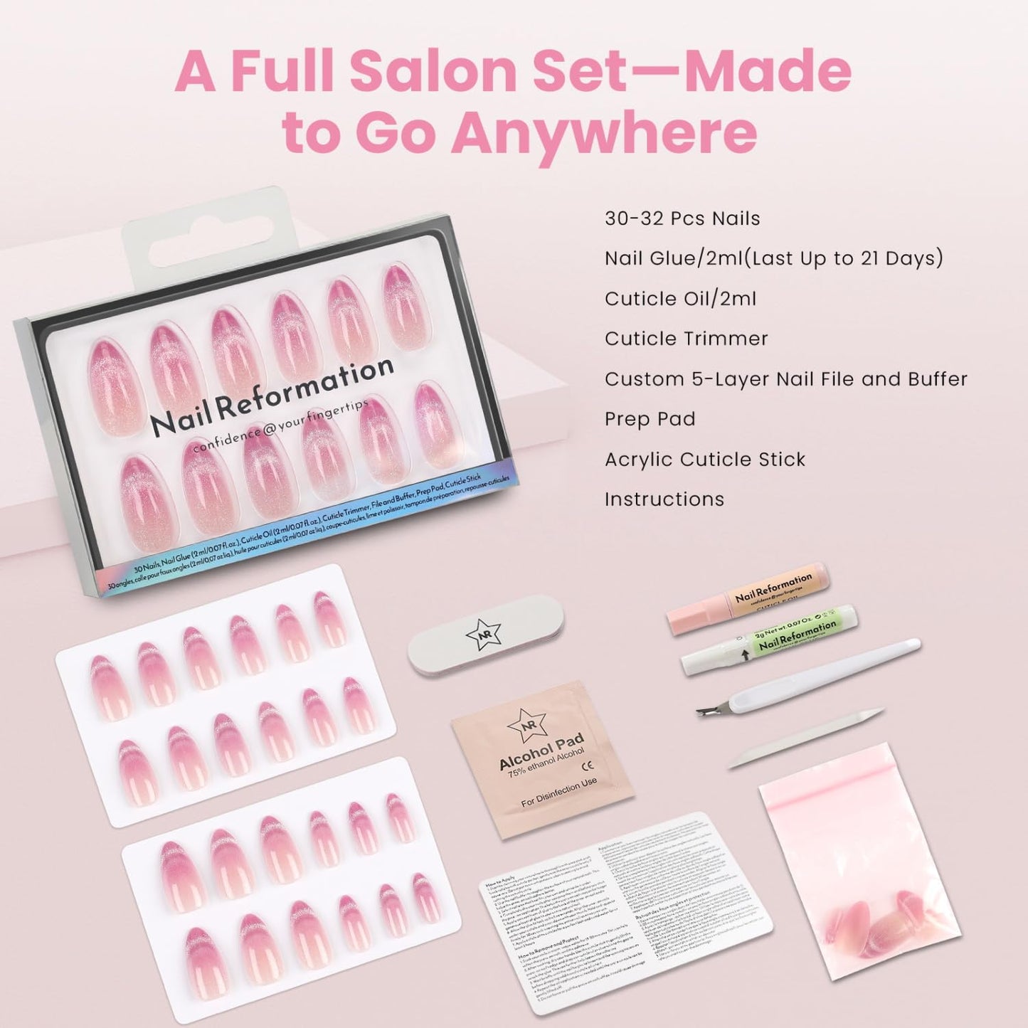 Nail Reformation Press On Nails, Rosewater | Ombre Pink Velvet Shimmer Medium Almond Fake Nails with Glossy Finish, Reusable Stick On False Nails Kit - 30 Pcs in 15 Sizes with Glue, Gifts for Women