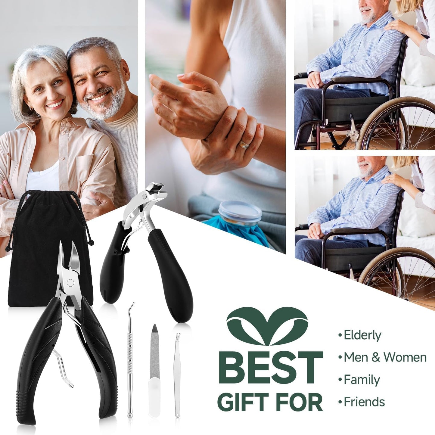 Heavy Duty Toenail Clippers for Seniors, Angled Head Long Handle Nail Clipper Set for Thick Toenails, Ingrown Toenail Care Tool for Elderly Men Women