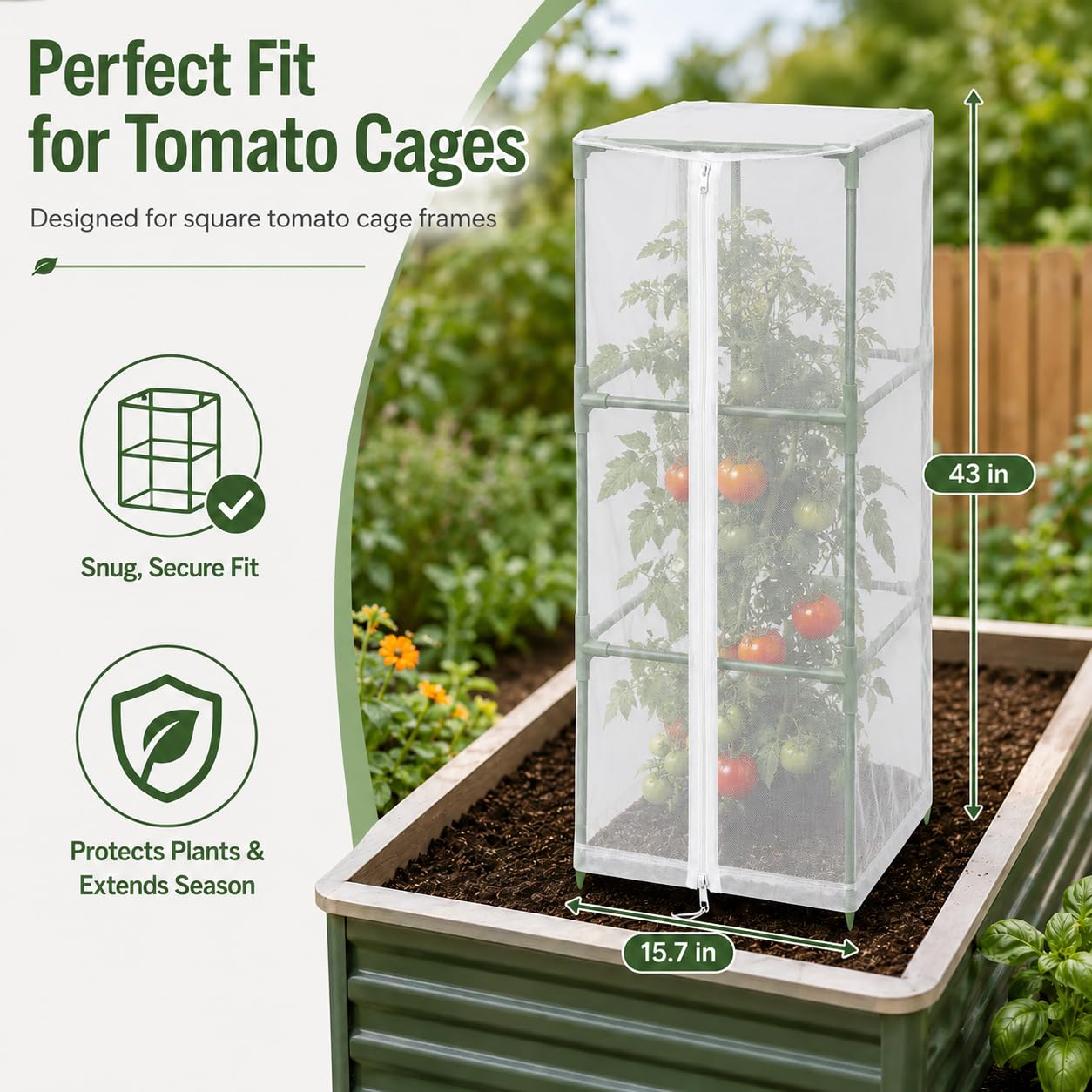 Halatool Garden Tomato Plant Cover Netting, Fits 40β50" Tall Square Tomato Cages, Garden Bird Netting with Zipper & Drawstring, Insect Barrier, Plant Covers from Insects Animals, 2 Pack, 43"Γ15.7"
