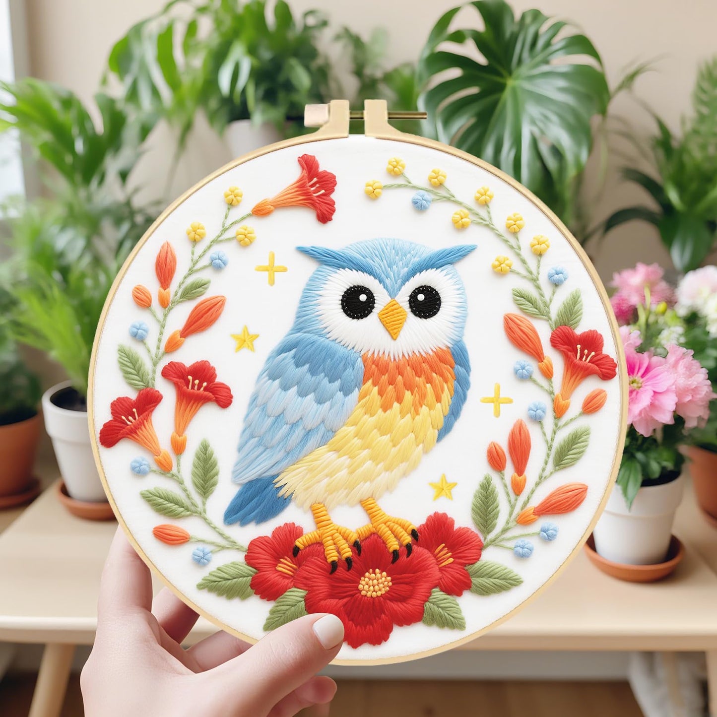 ORIGACH 4 Pack Animal Embroidery Kits Cat Frog Owl Fox Embroidery Sampler Kit Include Adjustable Hoops and Instruction Starter DIY Needlepoint for Adult Beginners