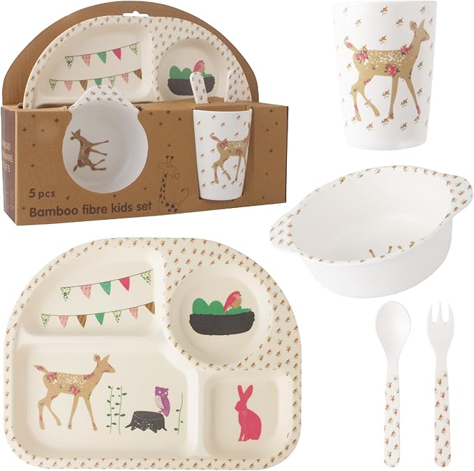 Kids Feeding Set 5 Pcs, Tableware Set for Toddlers Includes Plate Bowl Cup Fork and Spoon Utensil Flatware, Kids Flatware Set Dishwasher Safe, BPA Free (Giraffe)