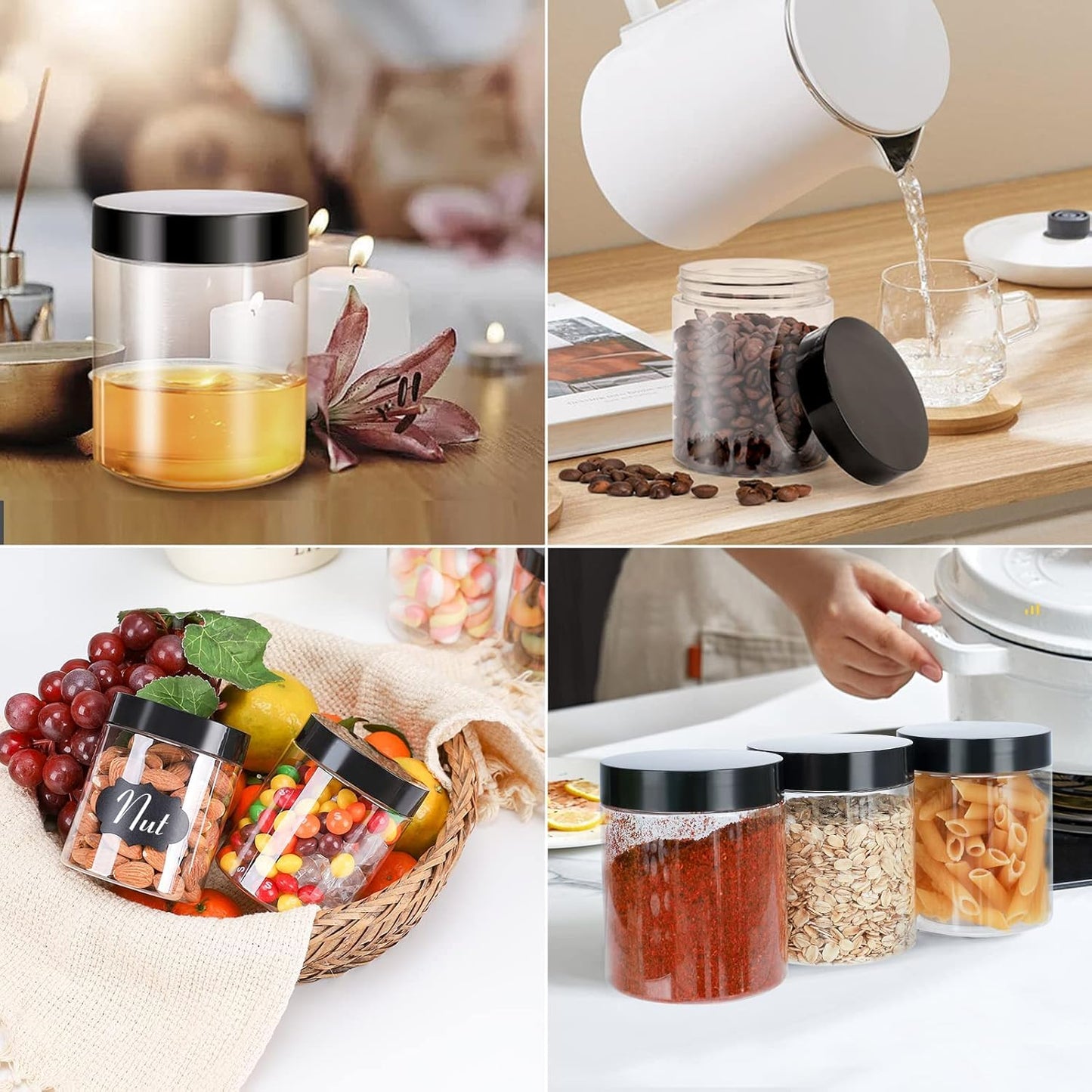 Large & Small Plastic Jars Combo (24 Pack) 12 Large 16 oz & 12 Small 8 oz Leak-Proof Clear Containers with Lids, Mason Jars, Perfect for Storing Spices, Cookie, Candy, and Dry Food, Empty Jars