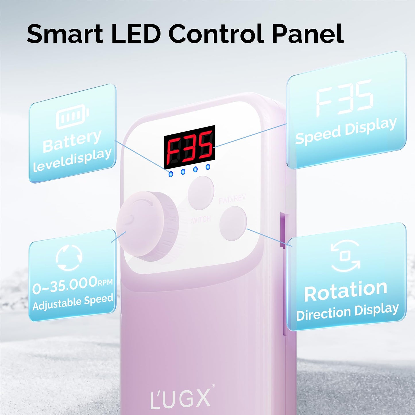 L'UGX Nail Drill Machine 35000RPM – Rechargeable Electric Nail File with LED Display, Portable Efile Nail Drill for Acrylic Gel Nails, Cordless Nails Drill for Beginners & Pros - Purple