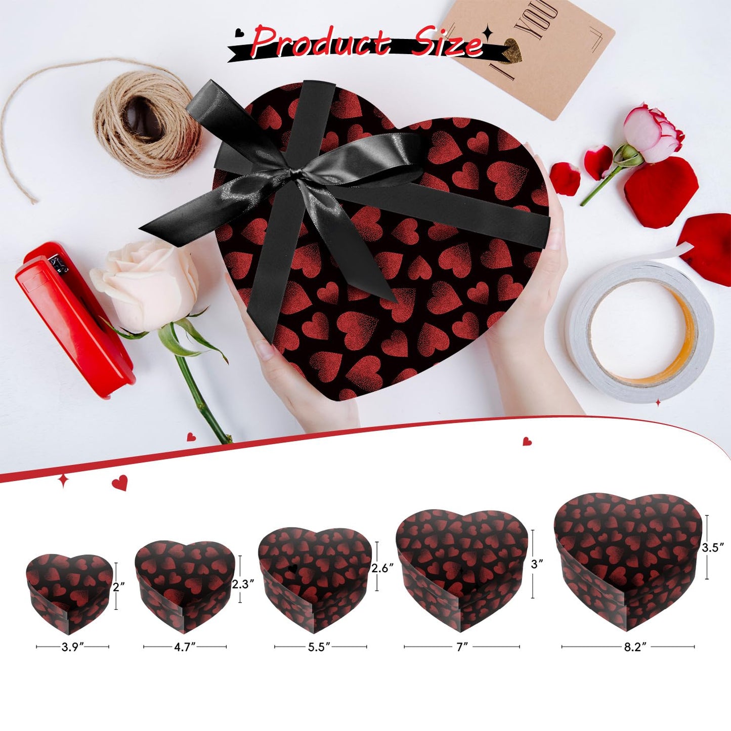 Linelglobal Heart Gift Box with Lid for Flower, Present, Valentine Day, Birthday, Anniversary, Wedding, Bridesmaid 5 Flower Box Assortment Size Stackble - Black