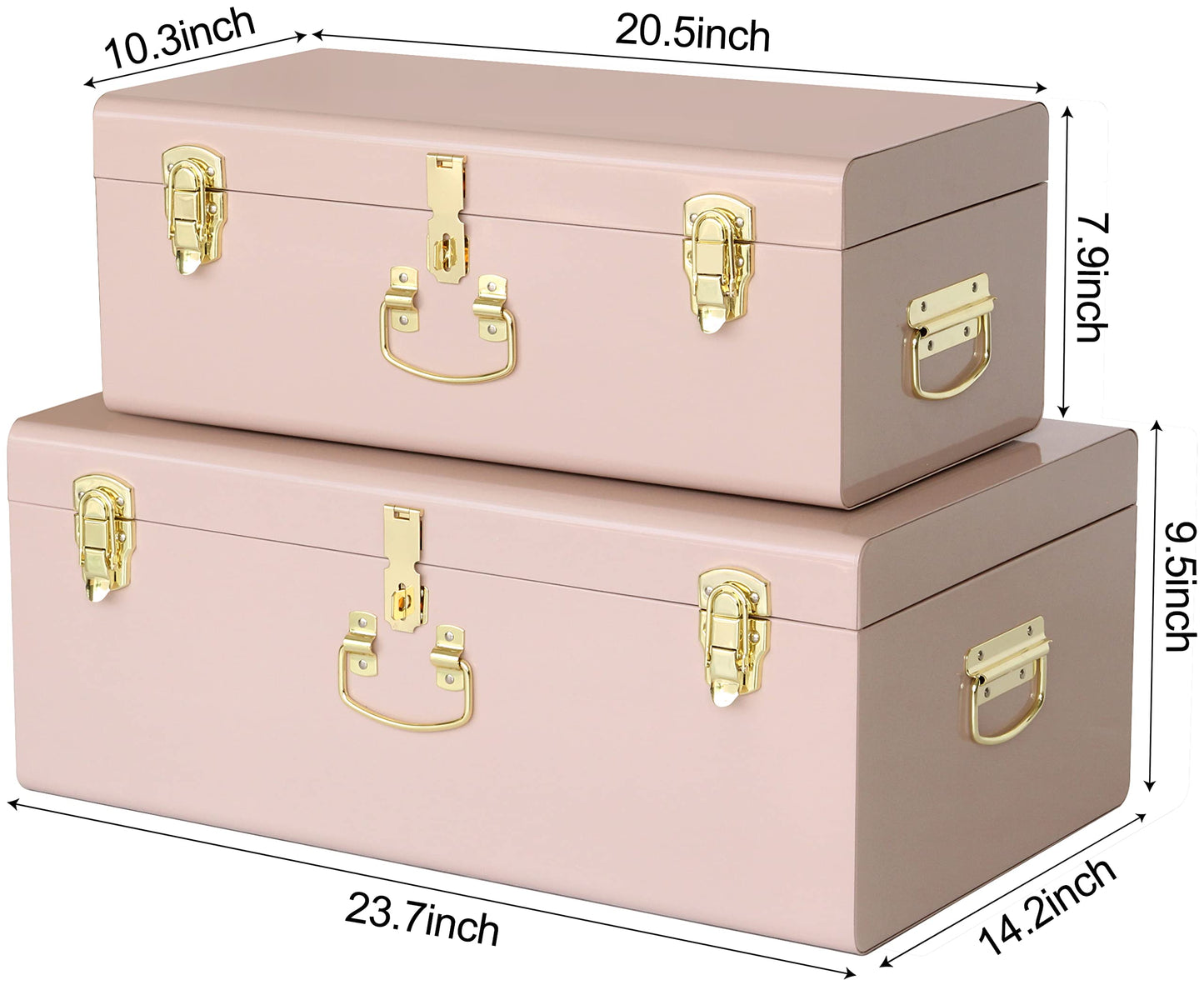 Vixdonos Decorative Metal Box Storage Trunks Set of 2 College Dorm Chest with Handle (Pink)