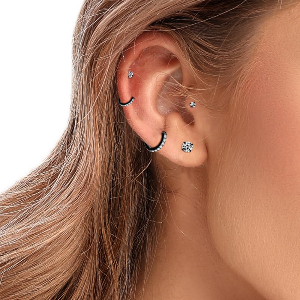 Black Hoop Earrings Sterling Silver Stud Earrings for Men Women 6 Pairs Hypoallergenic Tiny Cubic Zirconia Stud Set Cartilage Hoops 6mm 8mm 10mm