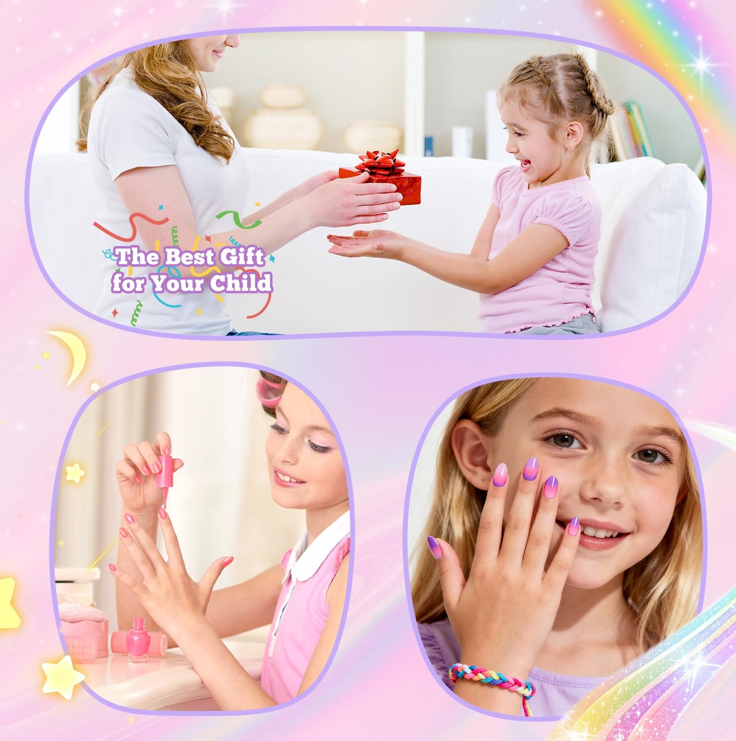 krofaue 240Pcs Almond Kids Nail Tips & 240pcs Children Square Clear Press On Nails