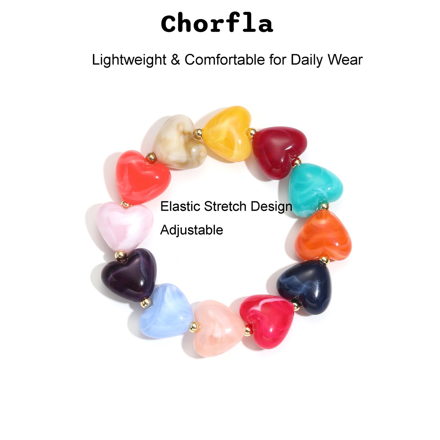 chorfla Colorful Heart Beaded Bracelets for Women, Boho Chunky Resin Elastic Stretch Bracelet, Vibrant Summer Beach Jewelry Gift