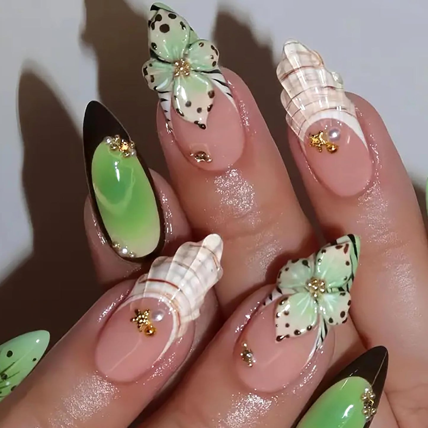 HOSAILY Green Flower Press on Nails Medium Almond, 3D Spring Summer Beach Tropical Floral Rhinestone Pearl False Nails for Women, 24Pcs Glossy Full Cover Stick on Starfish French Tip Nails with Glue
