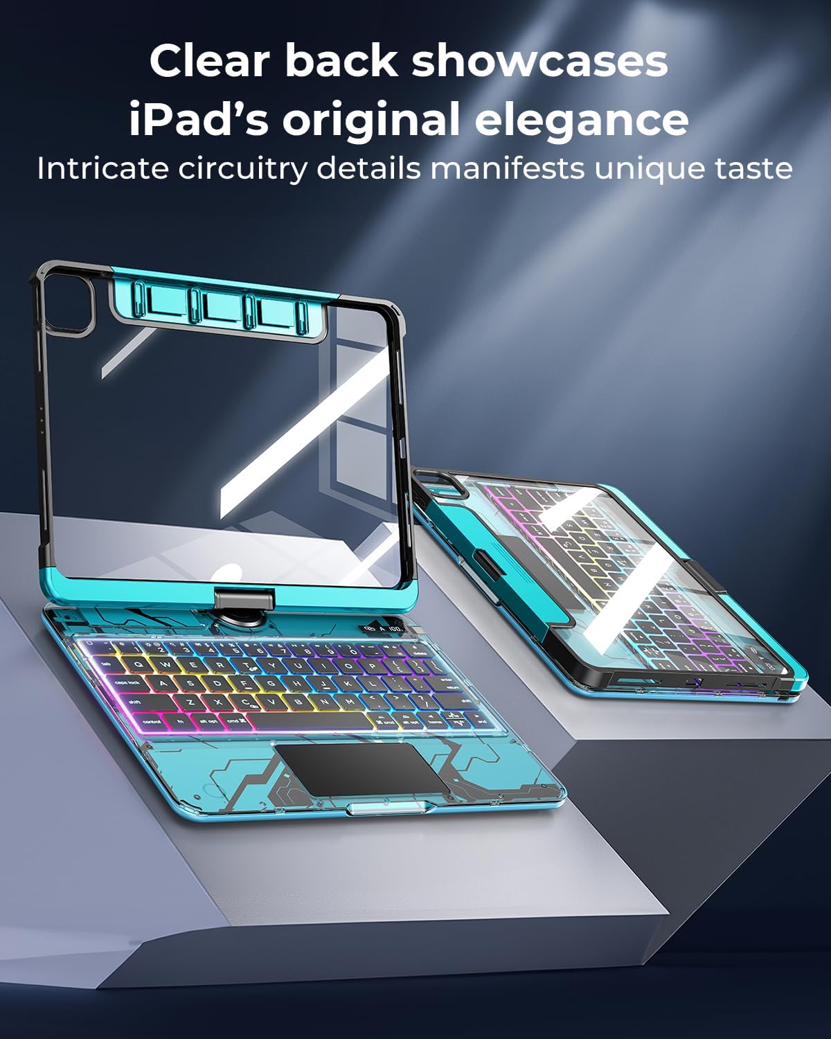 TSQQST Clear Wireless Keyboard Case for iPad (A16) 11th Generation 11-inch 2025/ iPad 10th Generation 10.9-inch 2022 with Pencil Holder & Multi-Touch Trackpad, 7-Color Backlight, 360 Rotatable, Blue