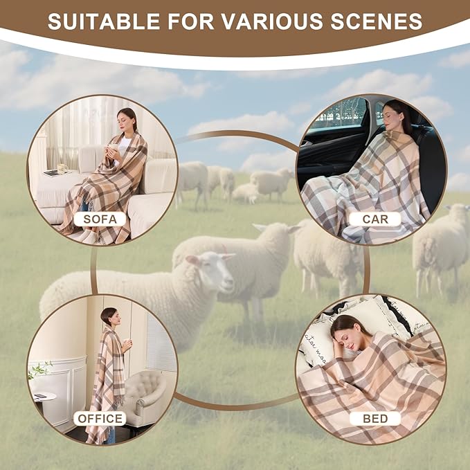 Throw Blanket Plaid with Carry Bag | Soft Wool Travel Blanket 55"x83" 1.5lbs | Beige Plaid Decorative Throw for Couch, Camping & Gift