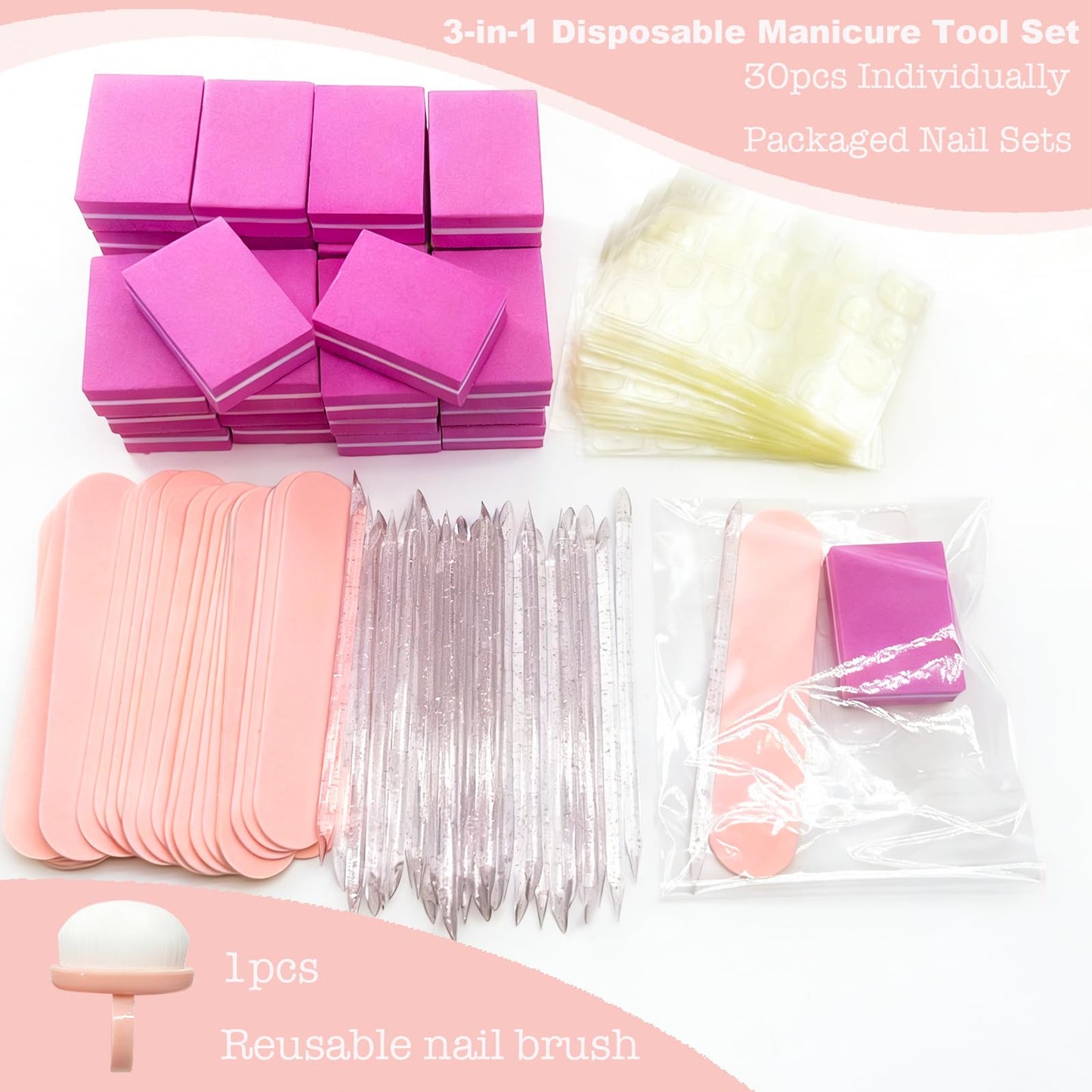 4-Piece Nail Kit, Nail Files 240 Grit, Nail Buffer Block 100/180 Grit, Crystal Cuticle Stick Nail Jelly Stickers Individually Packaged Manicure Tool Set for Fingernails, Toenails & Press On Nails