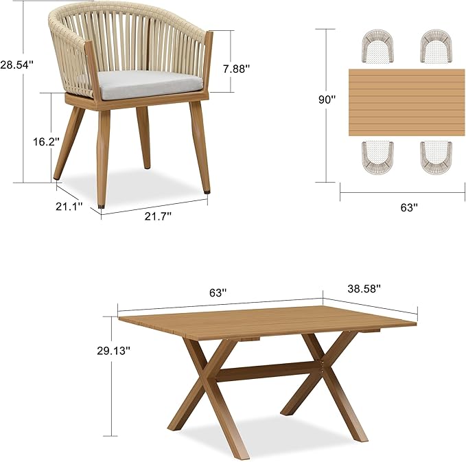 PURPLE LEAF 5 Pieces Outdoor Dining Set with Patio Aluminium Dining Table and Wicker Chairs Modern Furniture Cushions Sets for Backyard Indoor Decor Kitchen Teak